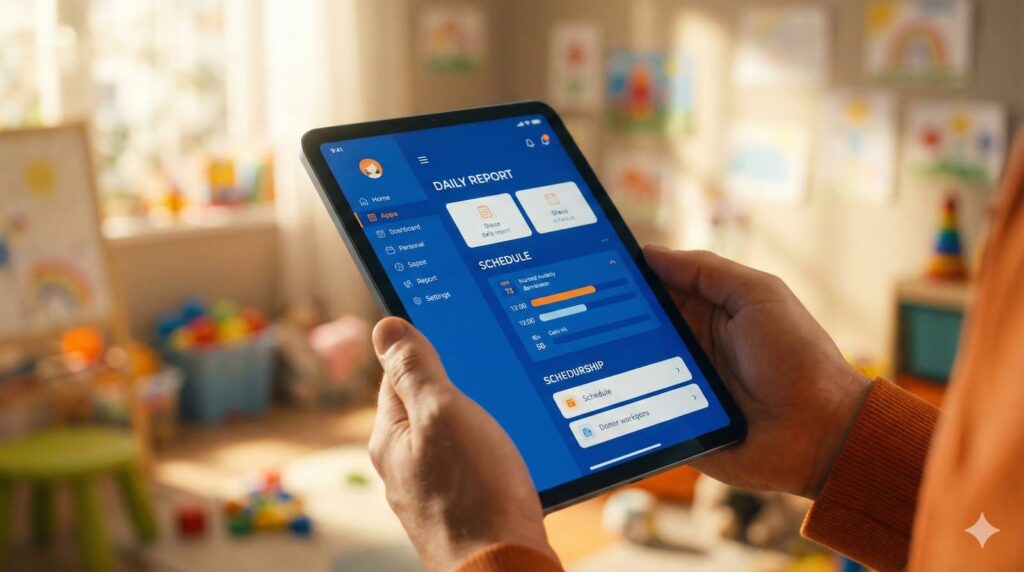 保育園の登降園管理アプリをスマホ・タブレットで操作し、安心している保育士の手元
